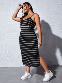 SHEIN Essnce Vestido de tirantes de rayas de muslo con abertura - Blanco y Negro - Ver 4