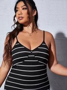 SHEIN Essnce Vestido de tirantes de rayas de muslo con abertura - Blanco y Negro - Ver 5