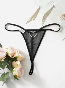 Rhinestone Heart Ring Linked Mesh Thong Lingerie For Rave - Black - View 9