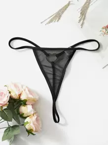 Rhinestone Heart Ring Linked Mesh Thong Lingerie For Rave - Black - View 10