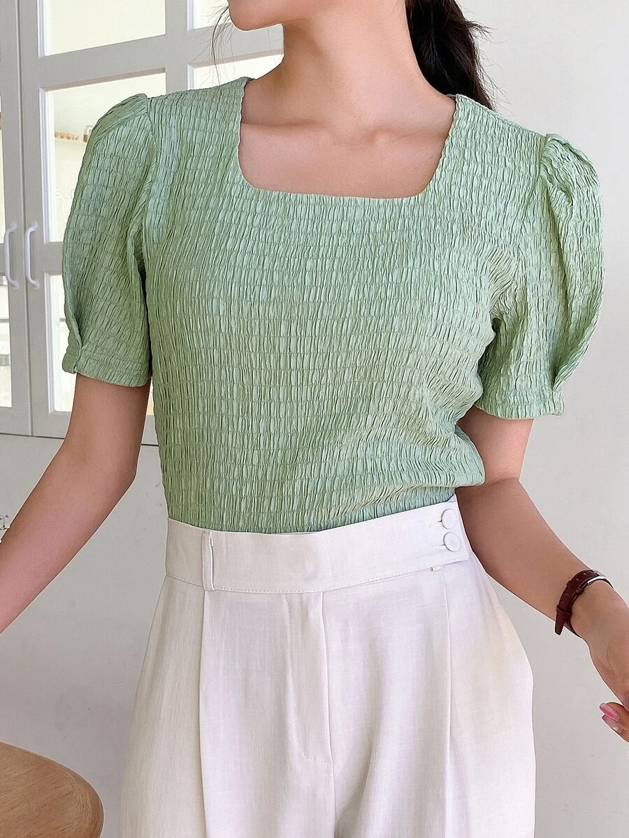 DAZY Square Neck Puff Sleeve Tee - Green - View 1