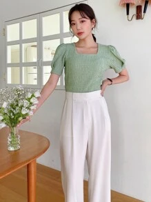 DAZY Square Neck Puff Sleeve Tee - Green - View 3