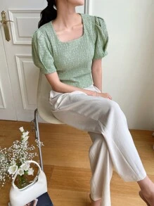 DAZY Square Neck Puff Sleeve Tee - Green - View 4
