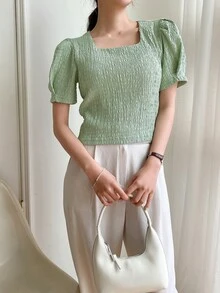 DAZY Square Neck Puff Sleeve Tee - Green - View 5
