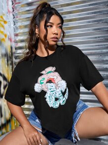 SHEIN EZwear Plus Cartoon Graphic Drop Shoulder Tee - Black - View 1