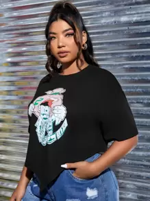 SHEIN EZwear Plus Cartoon Graphic Drop Shoulder Tee - Black - View 4