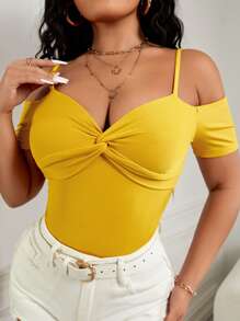 SHEIN SXY 前扭結挖肩T恤 - 黃色 - 查看 1