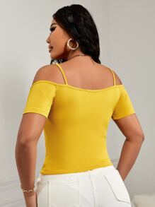SHEIN SXY 前扭結挖肩T恤 - 黃色 - 查看 2