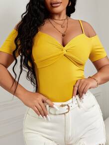 SHEIN SXY 前扭結挖肩T恤 - 黃色 - 查看 3