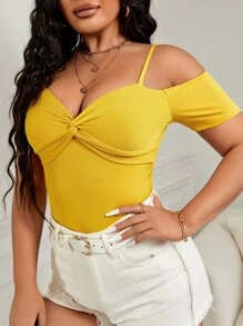 SHEIN SXY 前扭結挖肩T恤 - 黃色 - 查看 4