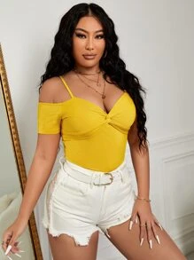 SHEIN SXY 前扭結挖肩T恤 - 黃色 - 查看 5