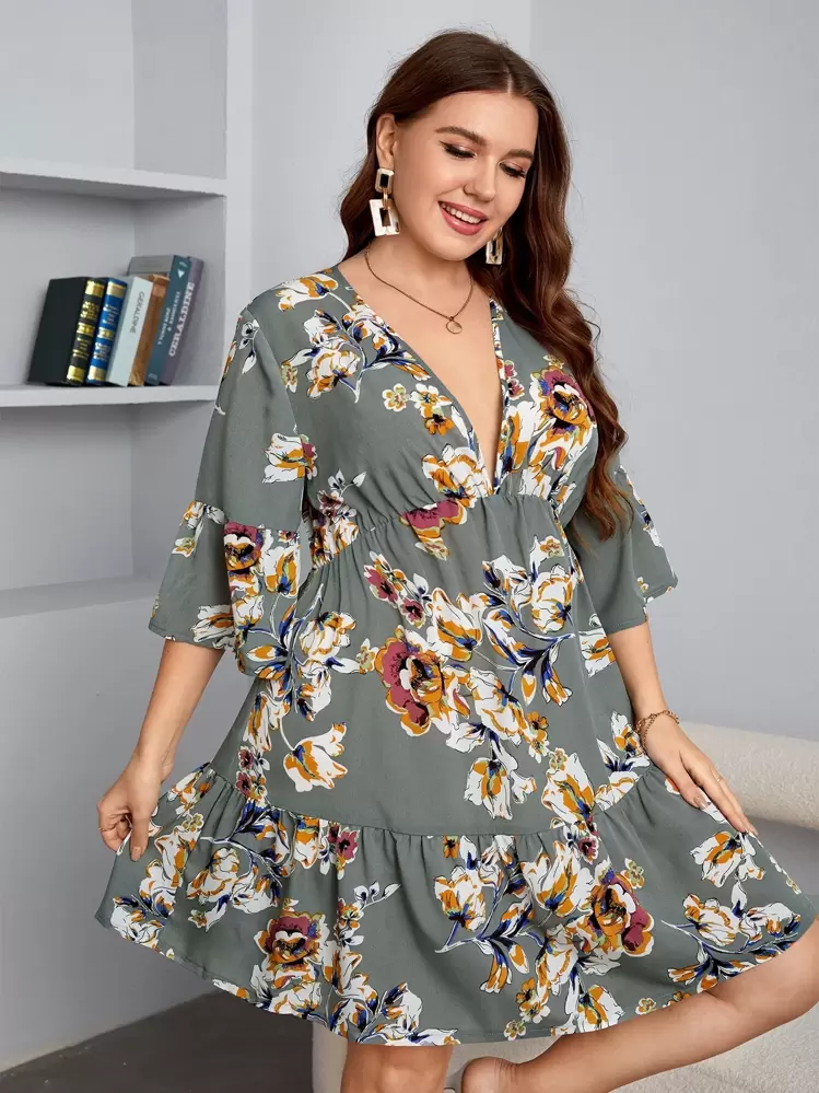 SHEIN Clasi Mais Vestidos Impressão Floral Manga Babado Bainha com babado - Multicolorido - Visão 1