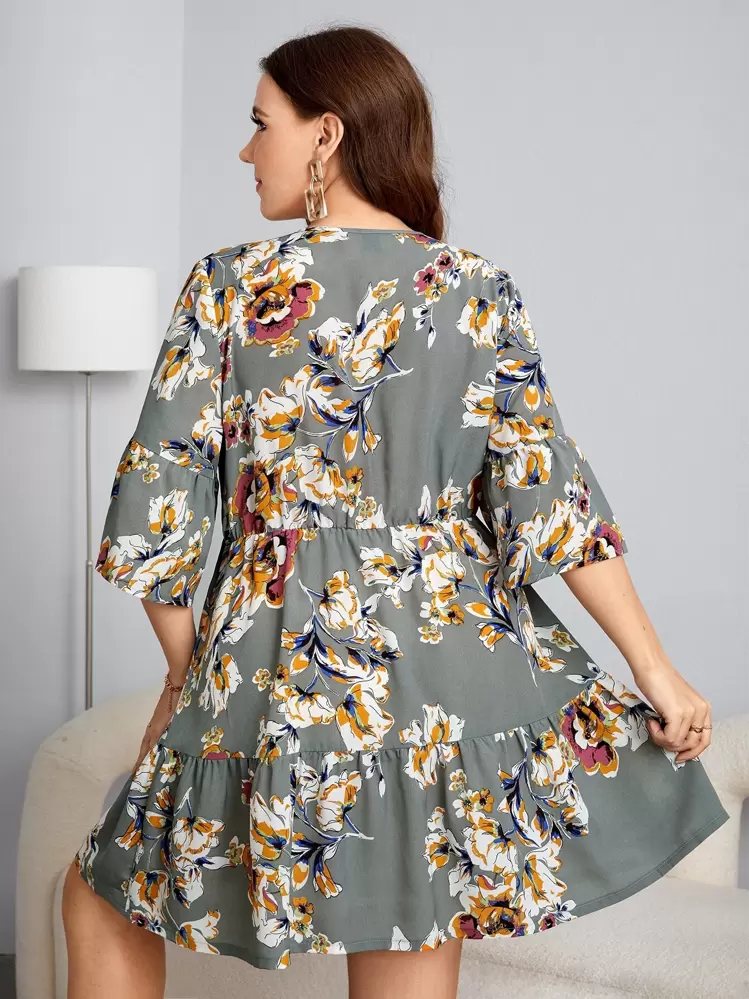 SHEIN Clasi Mais Vestidos Impressão Floral Manga Babado Bainha com babado - Multicolorido - Visão 2