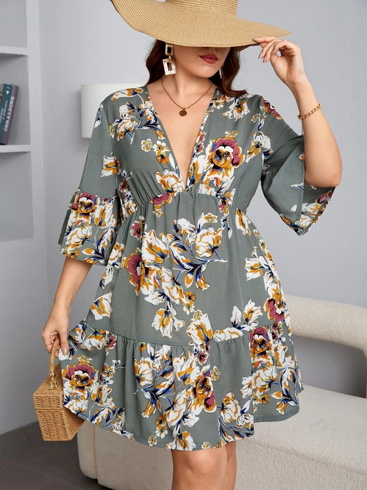 SHEIN Clasi Mais Vestidos Impressão Floral Manga Babado Bainha com babado - Multicolorido - Visão 3