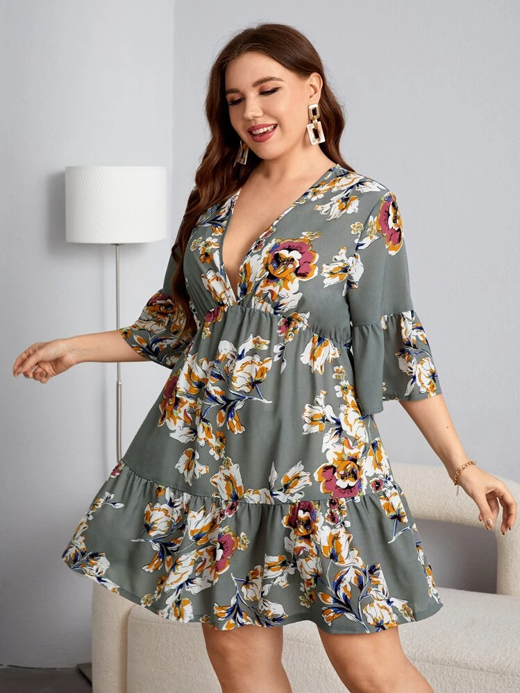 SHEIN Clasi Mais Vestidos Impressão Floral Manga Babado Bainha com babado - Multicolorido - Visão 4