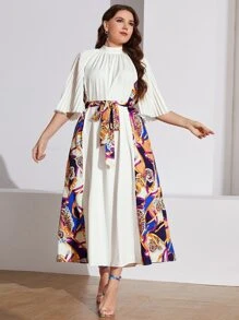 Mulvari Plus Floral & Chain Print Mock Neck Pleated Trumpet Sleeve Belted Dress - White - View 2