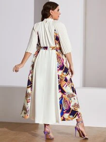 Mulvari Plus Floral & Chain Print Mock Neck Pleated Trumpet Sleeve Belted Dress - White - View 3