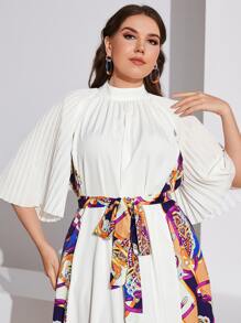 Mulvari Plus Floral & Chain Print Mock Neck Pleated Trumpet Sleeve Belted Dress - White - View 4