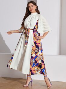 Mulvari Plus Floral & Chain Print Mock Neck Pleated Trumpet Sleeve Belted Dress - White - View 1