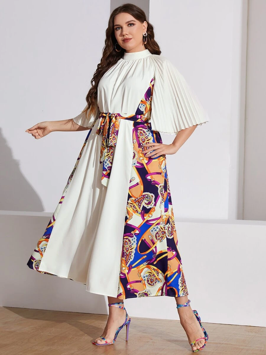 Mulvari Plus Floral & Chain Print Mock Neck Pleated Trumpet Sleeve Belted Dress - White - View 1