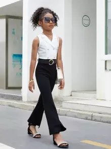 SHEIN Áo liền quần Gái Chia Nút phía trước Khối Màu Ăn mặc đẹp - Đen và trắng - Xem 4