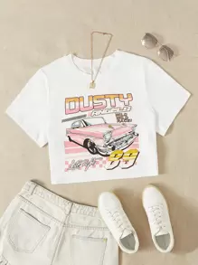 SHEIN EZwear Camiseta con estampado de letra y coche - Blanco - Ver 1
