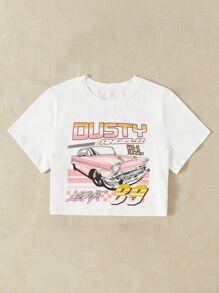 SHEIN EZwear Camiseta con estampado de letra y coche - Blanco - Ver 3
