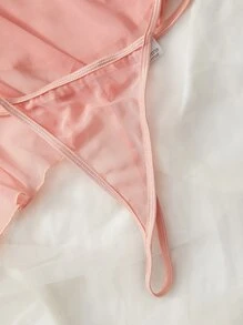 Heart Embroidery Bow Front Teddy Bodysuit & Thong - Dusty Pink - View 8