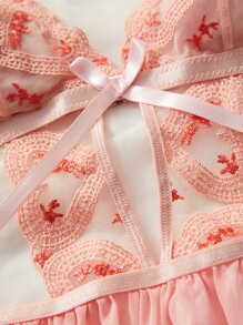 Heart Embroidery Bow Front Teddy Bodysuit & Thong - Dusty Pink - View 6