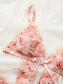 Heart Embroidery Bow Front Teddy Bodysuit & Thong - Dusty Pink - View 7