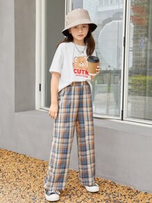 SHEIN Girls Cartoon Graphic Drop Shoulder Tee & Plaid Pants - Multicolor - View 3