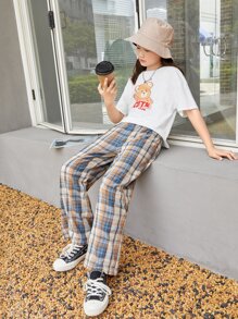 SHEIN Girls Cartoon Graphic Drop Shoulder Tee & Plaid Pants - Multicolor - View 4