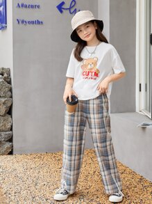 SHEIN Girls Cartoon Graphic Drop Shoulder Tee & Plaid Pants - Multicolor - View 1