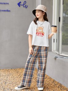 SHEIN Girls Cartoon Graphic Drop Shoulder Tee & Plaid Pants - Multicolor - View 5