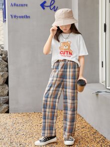 SHEIN Girls Cartoon Graphic Drop Shoulder Tee & Plaid Pants - Multicolor - View 6