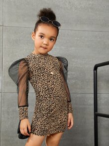 SHEIN Leap Crew SLAYR KIDS Young Girl Leopard Print Contrast Mesh Dress - Multicolor - View 1