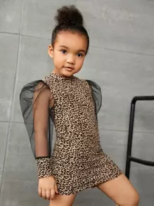 SHEIN Leap Crew SLAYR KIDS Young Girl Leopard Print Contrast Mesh Dress - Multicolor - View 3