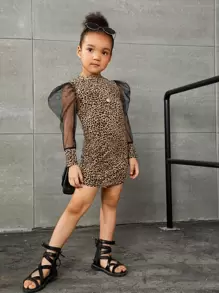 SHEIN Leap Crew SLAYR KIDS Young Girl Leopard Print Contrast Mesh Dress - Multicolor - View 4