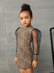 SHEIN Leap Crew SLAYR KIDS Young Girl Leopard Print Contrast Mesh Dress - Multicolor - View 5
