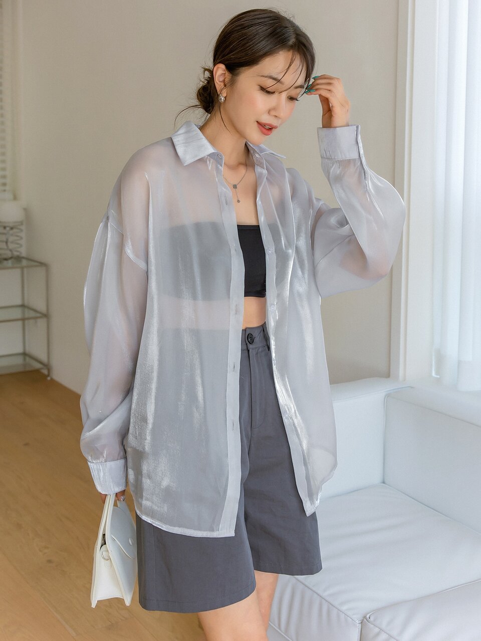 Drop Shoulder Solid Sheer Shirt Without Tube Top