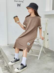 SHEIN Girls Patch Detail Contrast Panel Drop Shoulder Split Hem Tee Dress - Mocha Brown - View 1