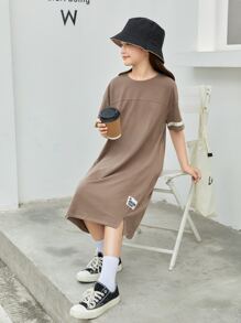SHEIN Girls Patch Detail Contrast Panel Drop Shoulder Split Hem Tee Dress - Mocha Brown - View 3
