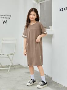 SHEIN Girls Patch Detail Contrast Panel Drop Shoulder Split Hem Tee Dress - Mocha Brown - View 4