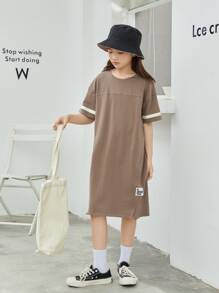 SHEIN Girls Patch Detail Contrast Panel Drop Shoulder Split Hem Tee Dress - Mocha Brown - View 5
