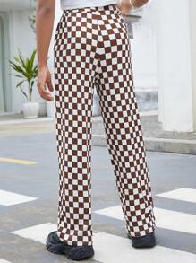 SHEIN 女孩棋盤格印花直筒褲 - 彩色 - 查看 2