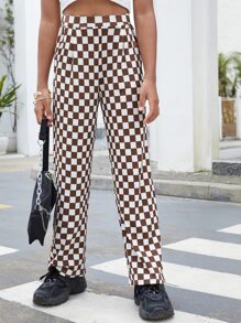 SHEIN 女孩棋盤格印花直筒褲 - 彩色 - 查看 4