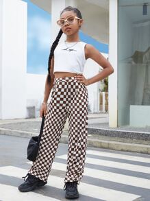 SHEIN 女孩棋盤格印花直筒褲 - 彩色 - 查看 5