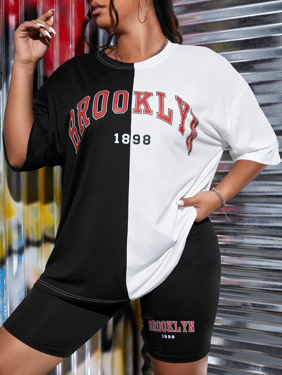 CovetEZ Plus Letter Graphic Two Tone Drop Shoulder Tee & Biker Shorts - Black and White - View 1