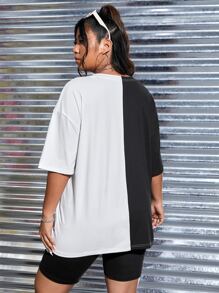 CovetEZ Plus Letter Graphic Two Tone Drop Shoulder Tee & Biker Shorts - Black and White - View 2