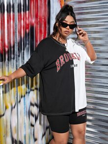 CovetEZ Plus Letter Graphic Two Tone Drop Shoulder Tee & Biker Shorts - Black and White - View 4